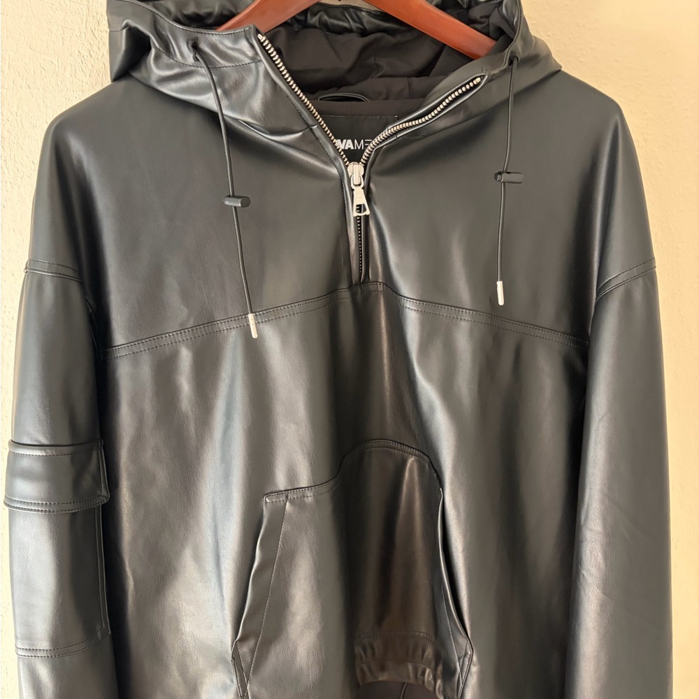 Fashion Nova Black Vegan Leather Hoodie Jacket
